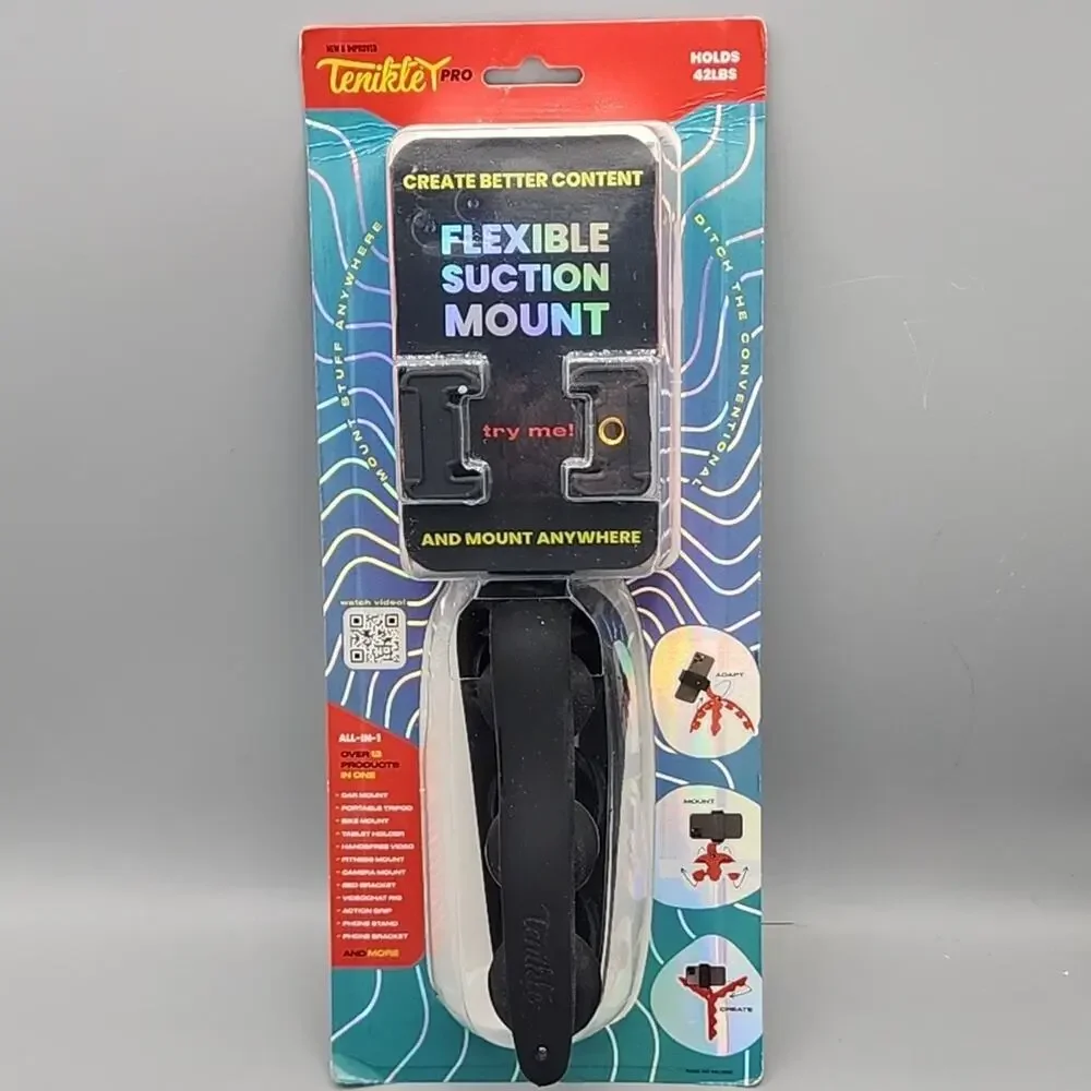 Tenikle Pro Flexible Tripod Suction Mount – Black – Phone & Camera Grip – NEW